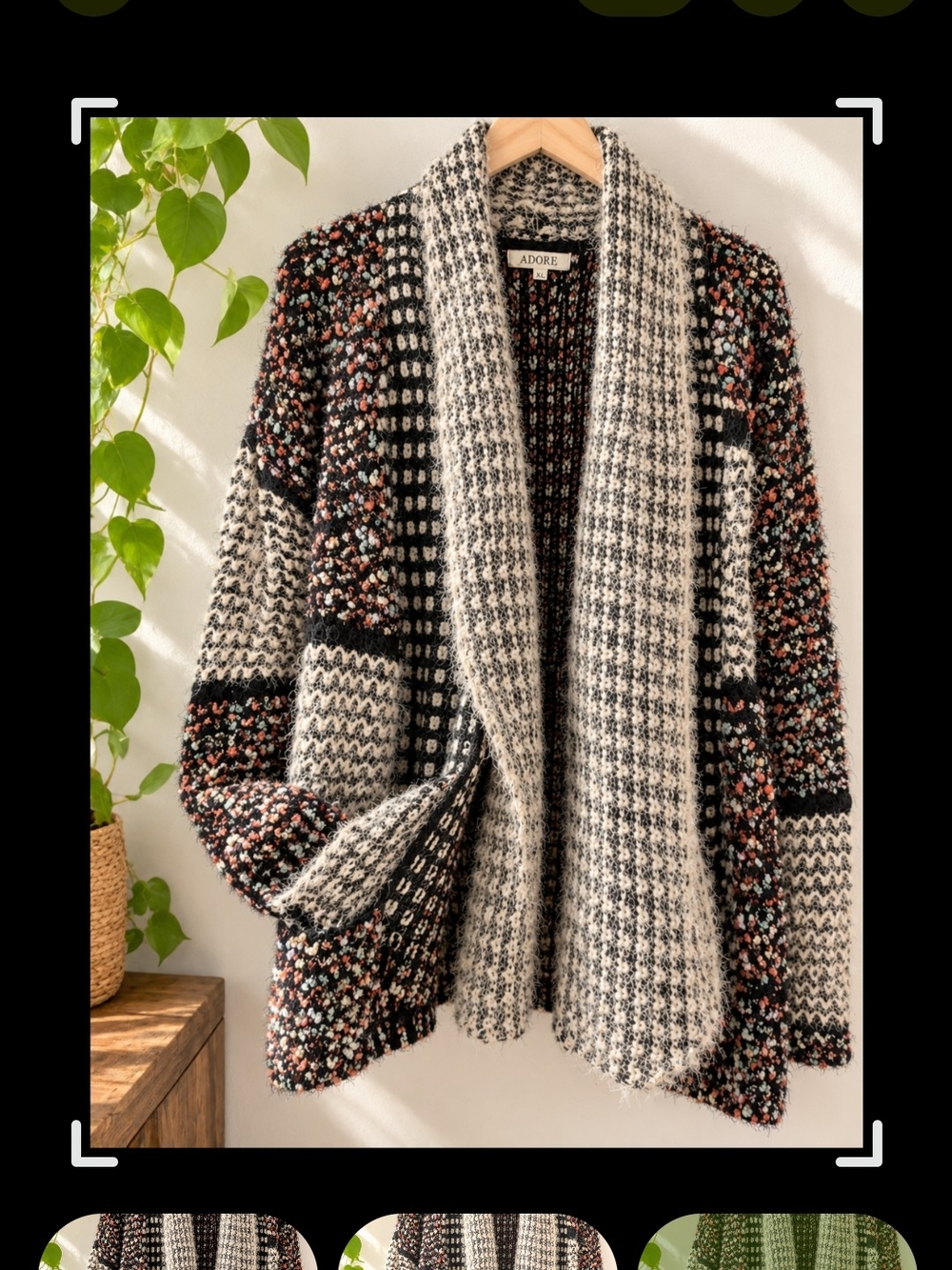 Adore Mixed-Pattern Open Cardigan Sweater - Black, Cream & Multi